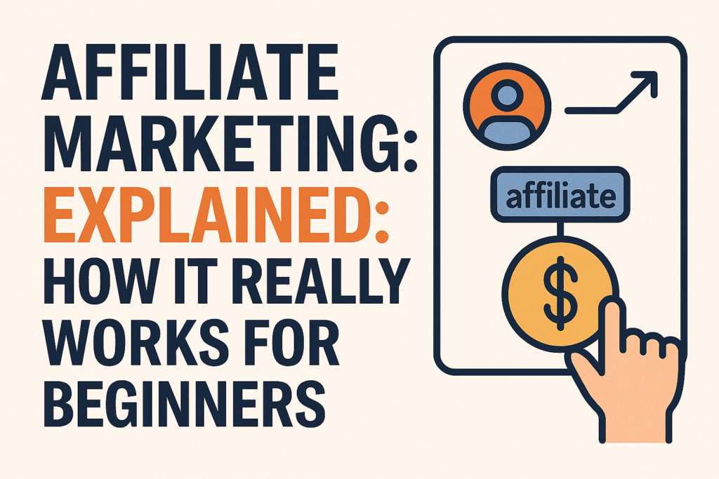 Illustration showing a beginner-friendly overview of how affiliate marketing works, including joining a program, sharing a link, and earning commissions from purchases.