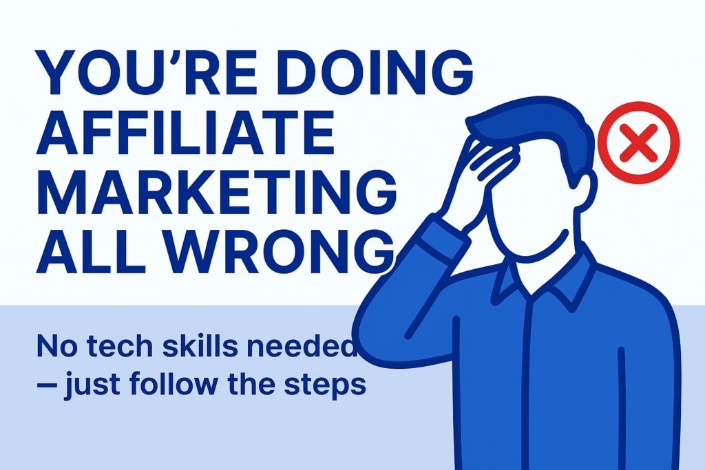 Man holding forehead in frustration beside bold text: “You’re Doing Affiliate Marketing All Wrong” — blog header image in Passive Cash Kings style.