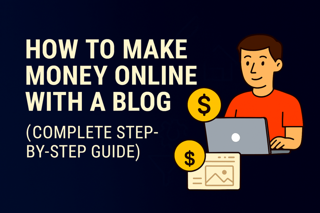 Header image titled How to Make Money Online With a Blog for Beginners (Complete Step‑By‑Step Guide), showing a man using a laptop with a dollar sign icon, blog layout illustration, and pencil outline on a dark blue background.