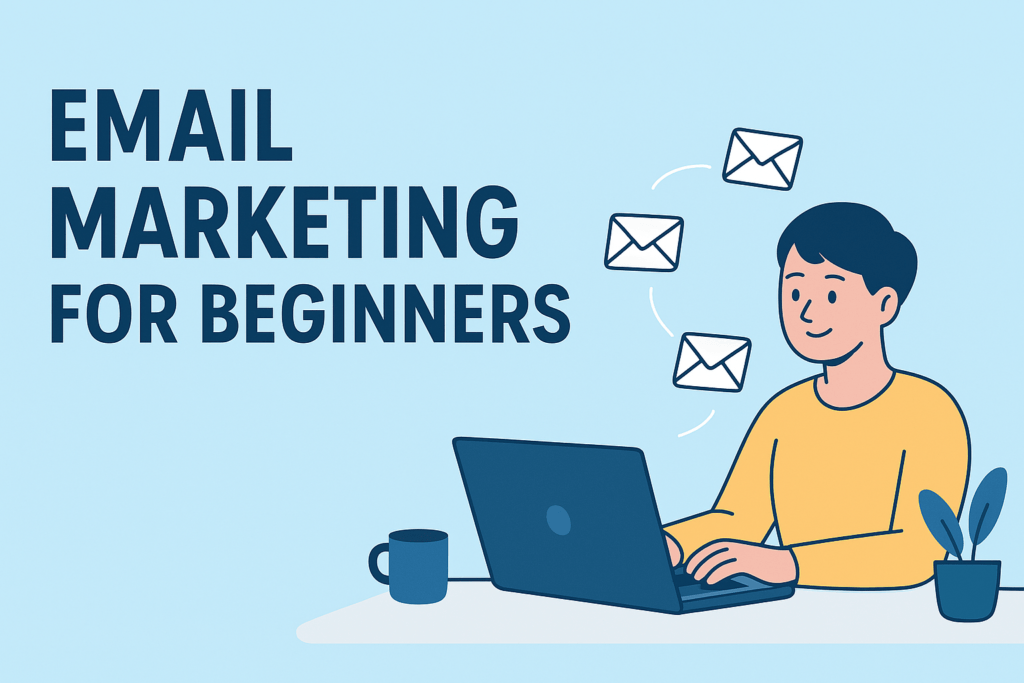 Illustration of a person typing on a laptop with floating email icons, representing beginner-friendly email marketing.