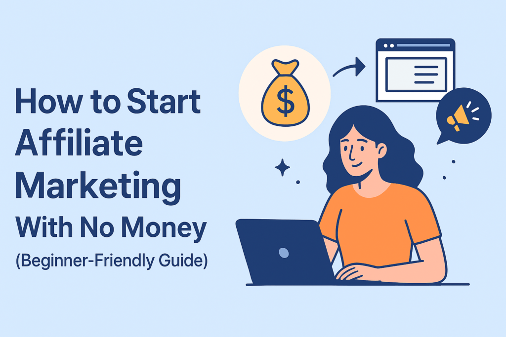 Beginner working on a laptop with simple affiliate marketing icons showing how to start with no money.