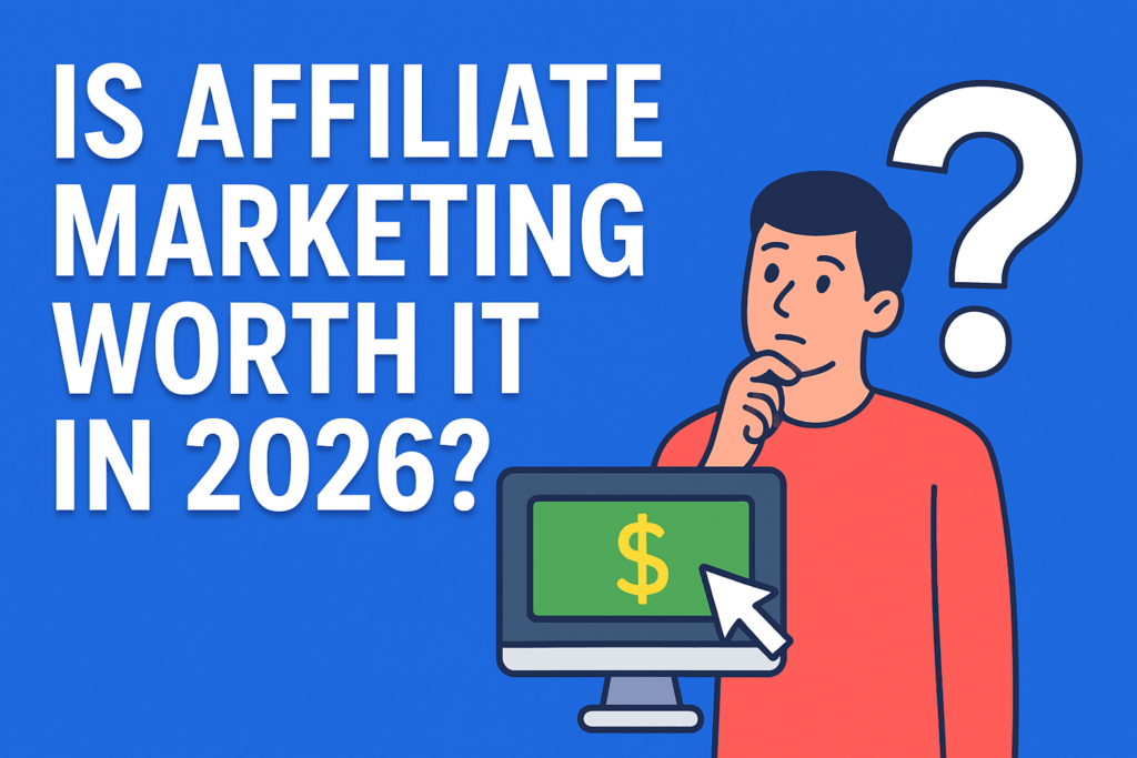 Is affiliate marketing worth it in 2026? Blog header image with thoughtful beginner illustration and dollar symbol.