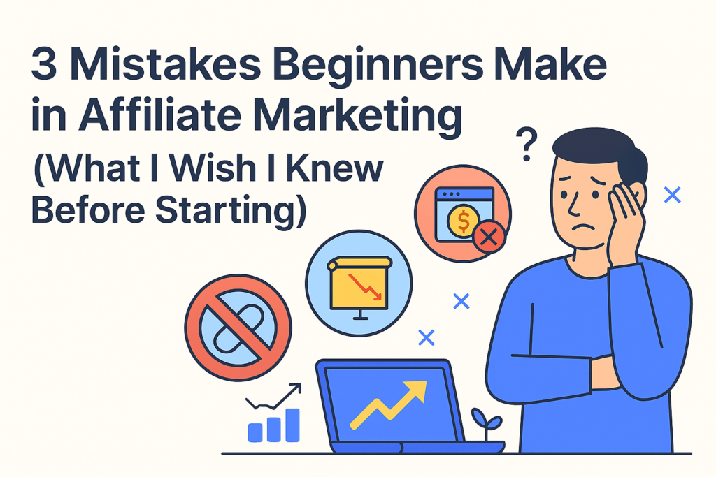 Illustration of 3 affiliate marketing mistakes beginners make, with icons showing broken links, failed commissions, and poor strategy decisions.