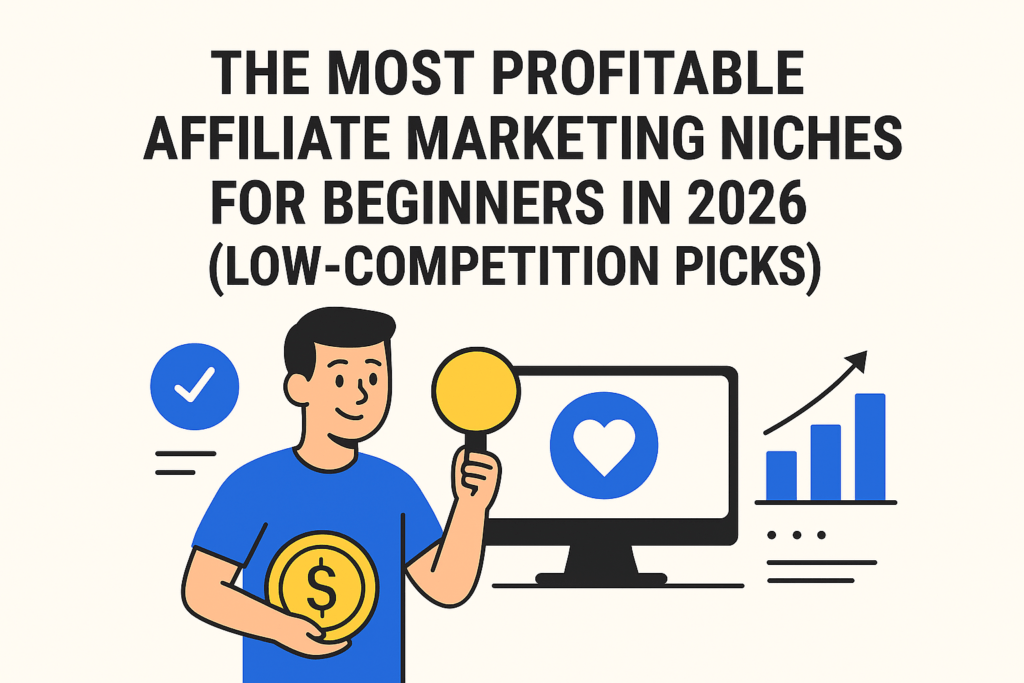 Header image with dollar sign, growth chart, and niche icons representing profitable affiliate marketing niches for beginners in 2026.