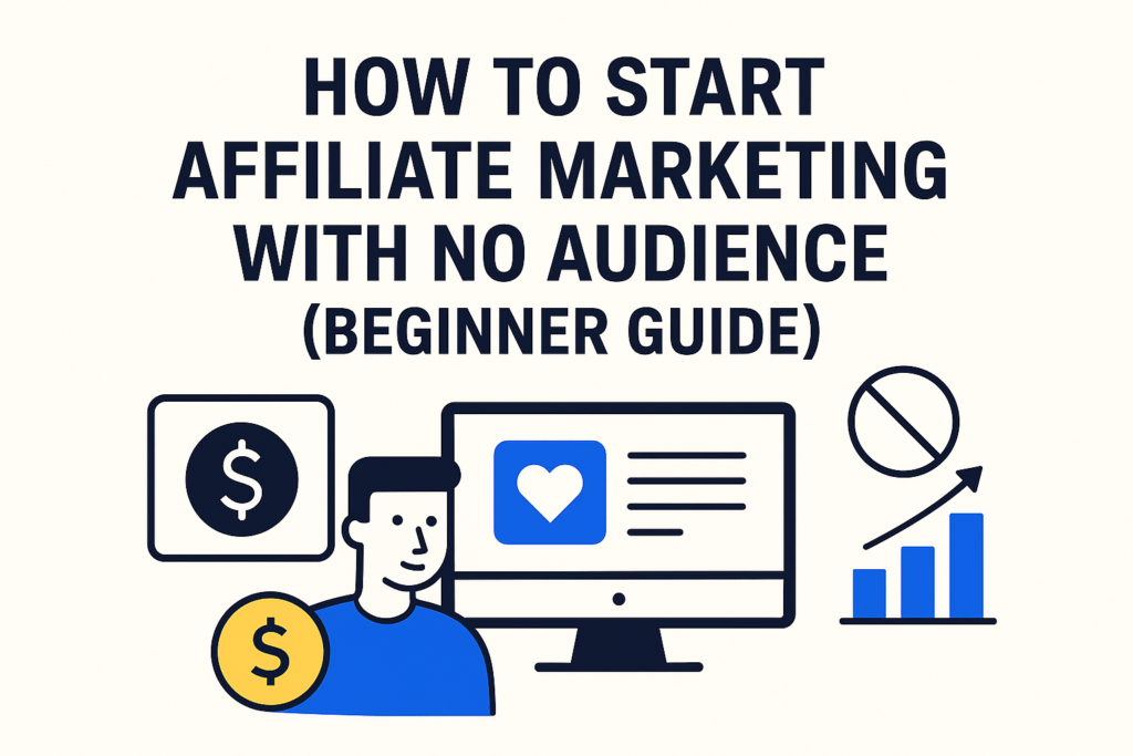 How to Start Affiliate Marketing With No Audience (Beginner Guide)” featuring bold navy text, flat icons of a dollar sign, computer monitor with heart symbol, upward bar chart, and a “no audience” symbol on a light beige background.
