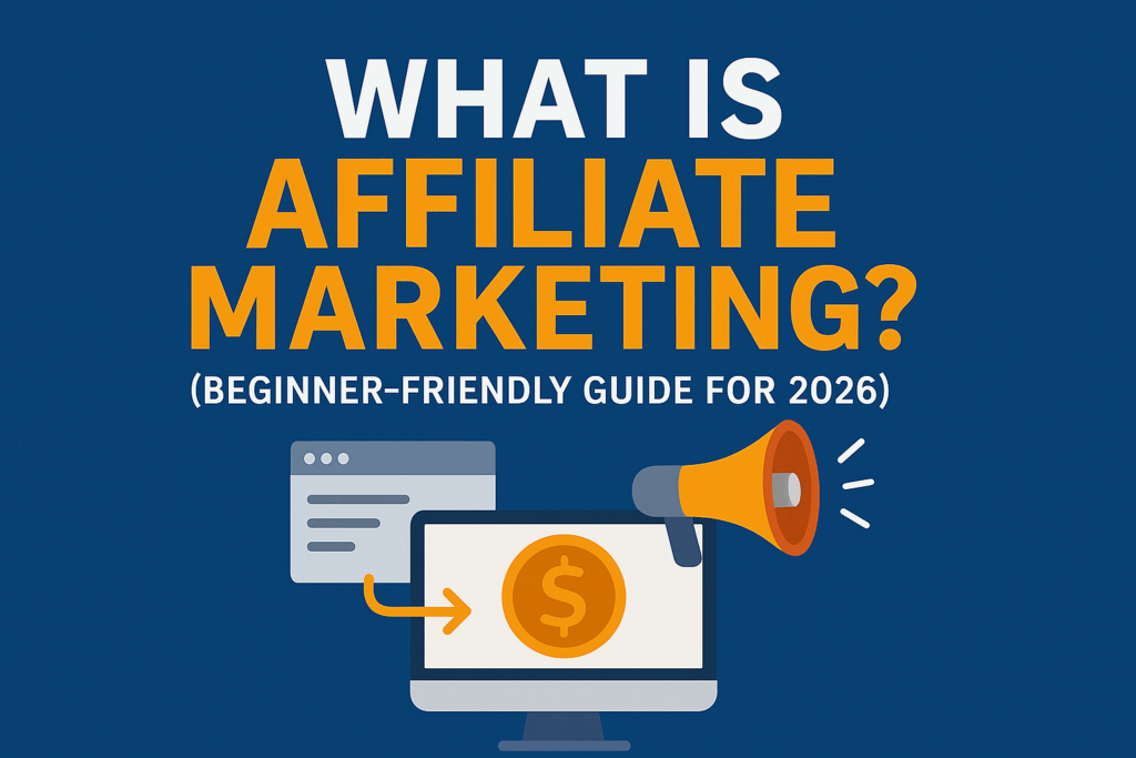 Header image for beginner-friendly affiliate marketing guide showing laptop, dollar sign, and megaphone icons on blue background.