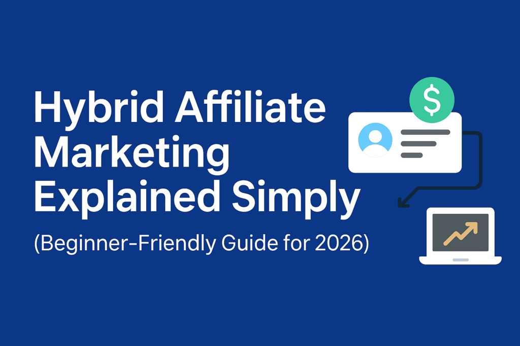 Hybrid affiliate marketing header image showing digital marketing symbols, funnels, and income icons for a beginner‑friendly 2026 guide.