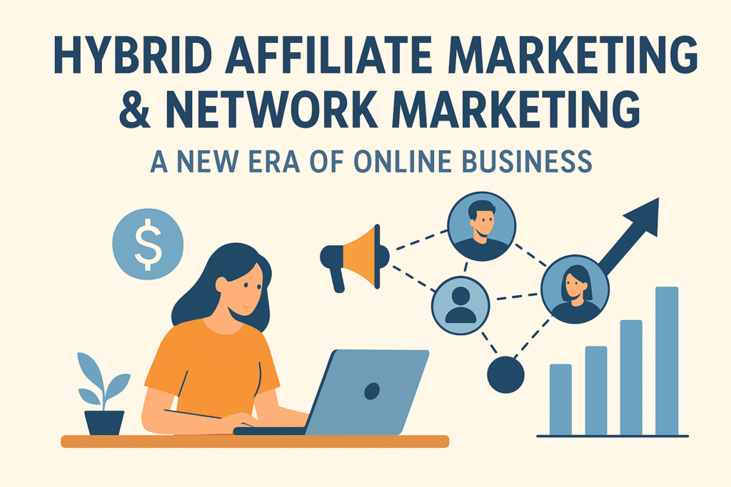Illustration showing a woman working on a laptop with network‑connected people, marketing icons, and growth charts, representing hybrid affiliate marketing and network marketing in the digital business era.