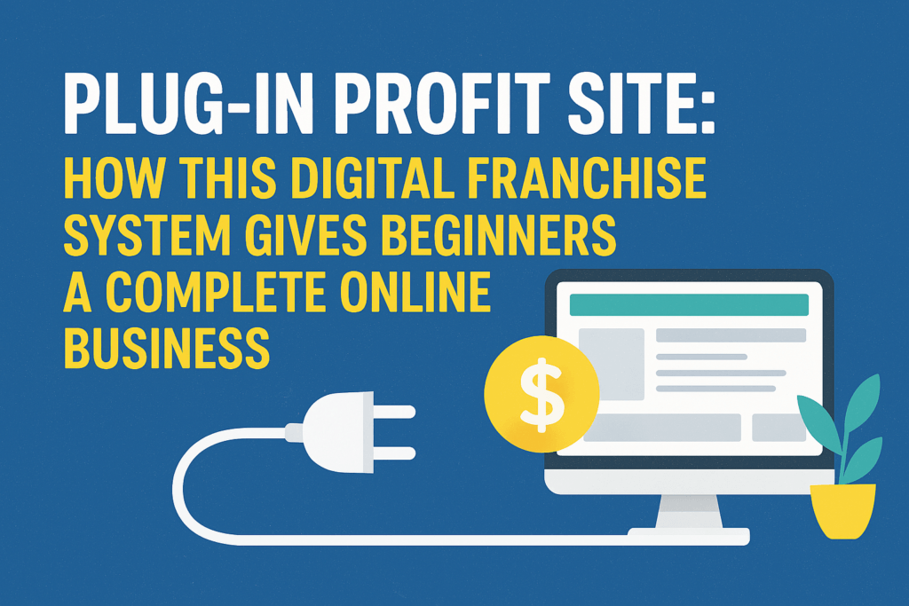 Plug‑In Profit Site header image with computer screen, automation plug, and online business theme