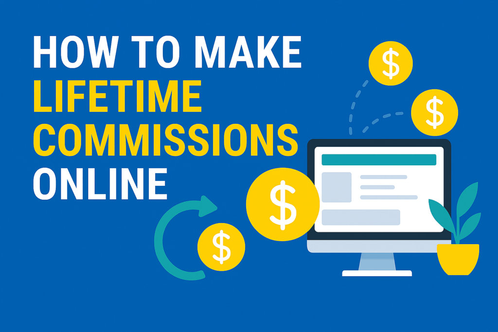 Flat-style header image showing the title “How to Make Lifetime Commissions Online” with flowing dollar icons, automation arrows, and a digital dashboard on a blue background.