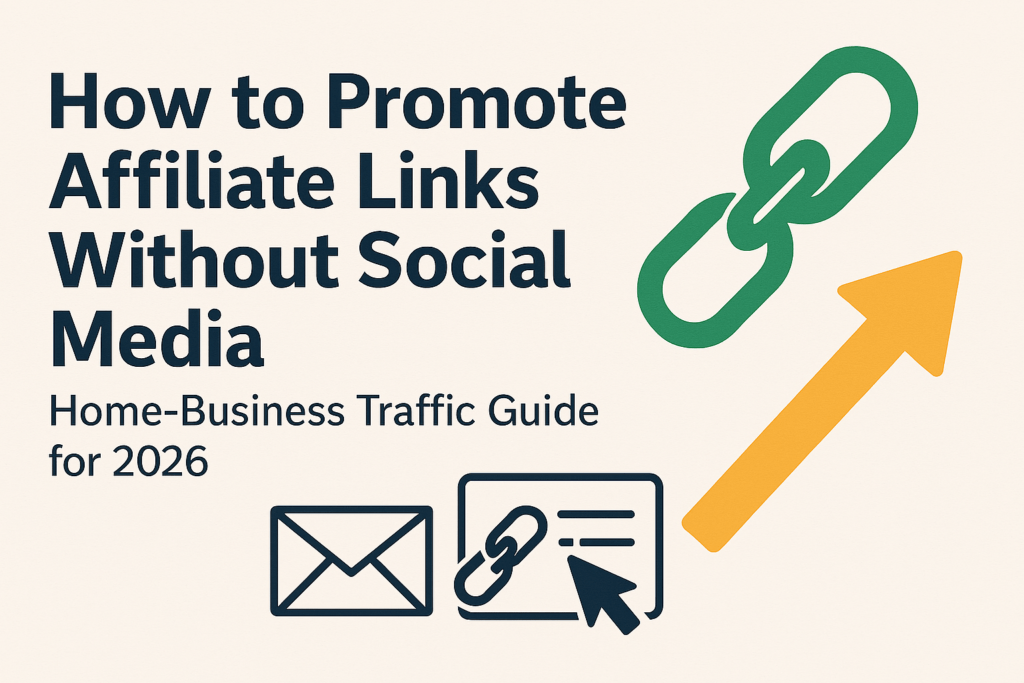 Header image for blog article titled ‘How to Promote Affiliate Links Without Social Media (Home‑Business Traffic Guide for 2026)’ featuring icons for solo ads, safelists, Traffic Authority, LeadsLeap, and traffic exchanges. Includes email graphics, link icons, and funnel arrows in a soft blue and white color palette.”