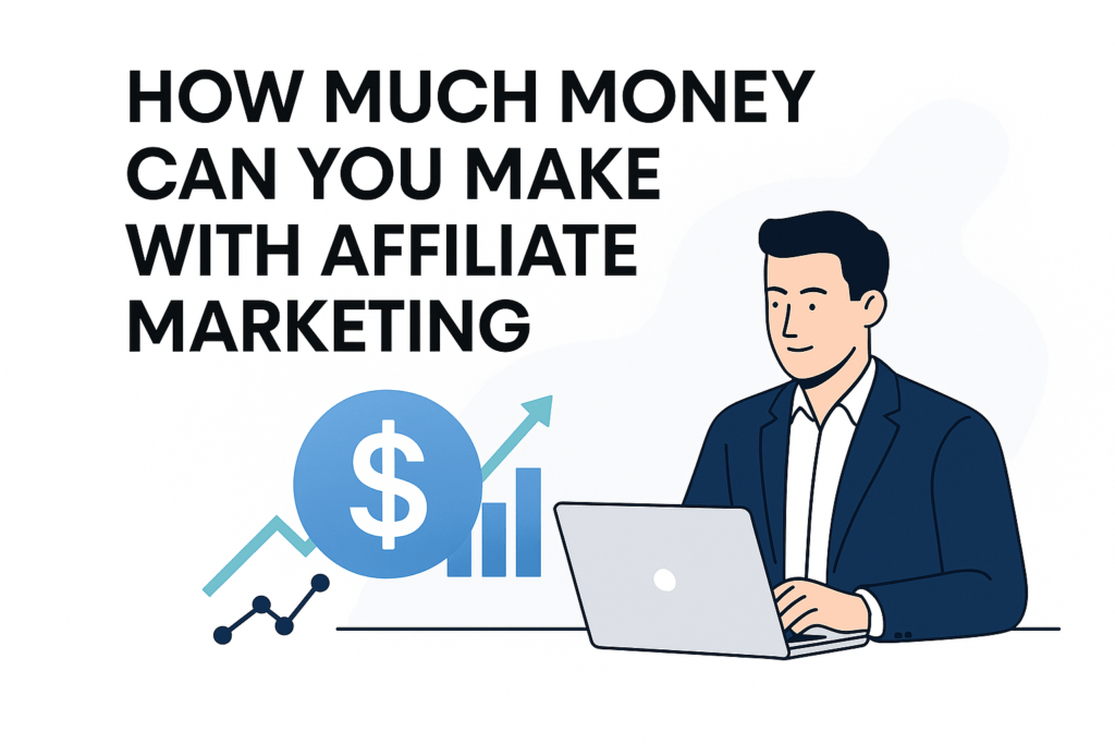 Professional header image showing a man working on a laptop with financial icons and the question ‘How much money can you make with affiliate marketing?’ in bold text.