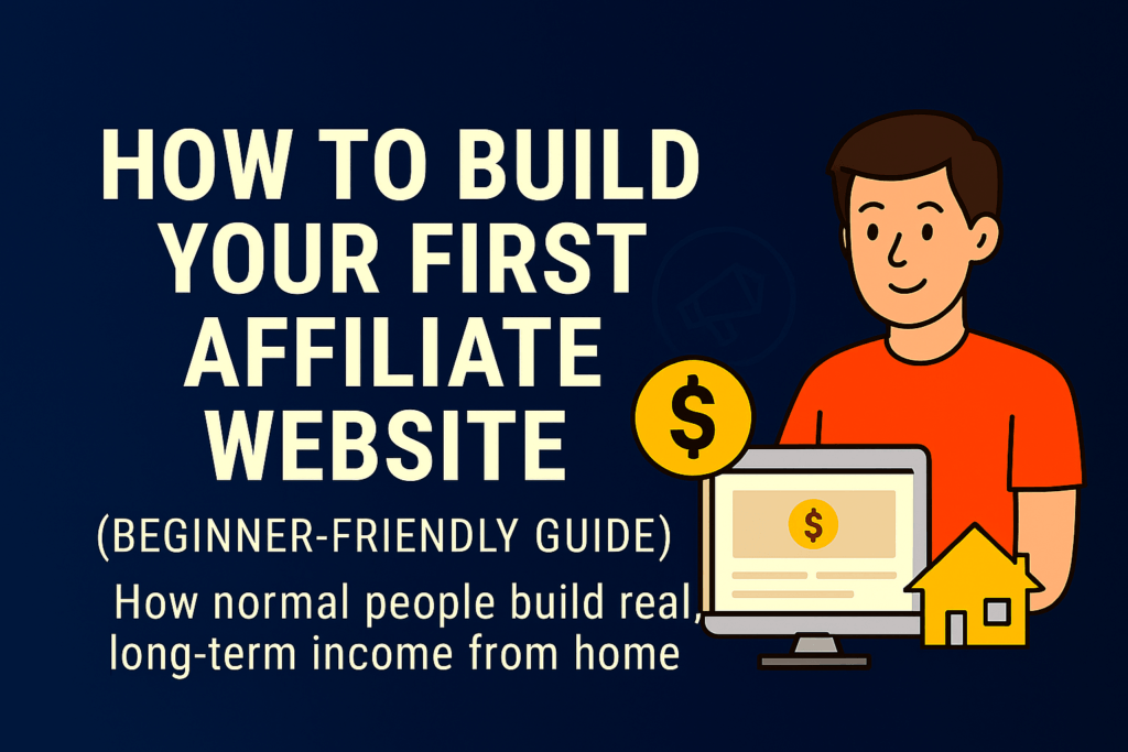 Header image titled How to Build Your First Affiliate Website (Beginner‑Friendly Guide), featuring a laptop, simple website layout, and setup icons on a dark blue background.