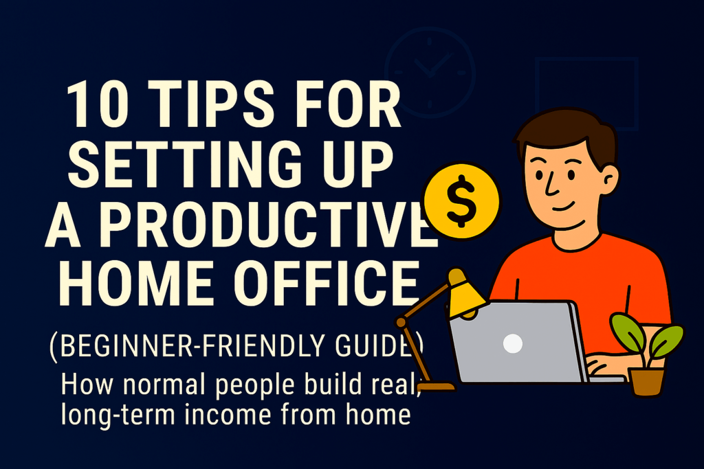 Header image titled 10 Tips for Setting Up a Productive Home Office, featuring a laptop, desk lamp, and potted plant on a dark blue background.