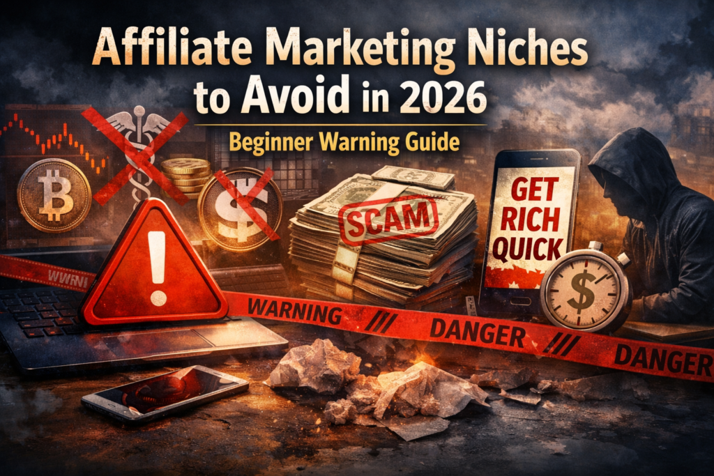 Realistic blog header for “Affiliate Marketing Niches to Avoid in 2026 (Beginner Warning Guide)” showing a red warning sign, crossed‑out crypto and health icons, a “SCAM” stamp on cash, and a hooded hacker beside a “Get Rich Quick” phone screen, symbolizing risky affiliate niches beginners should avoid.
