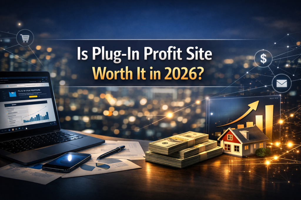 “High‑authority blog header image showing laptop, smartphone, and financial charts with the title ‘Is Plug‑In Profit Site Worth It in 2026?’ in white and gold text over a modern digital business background.”