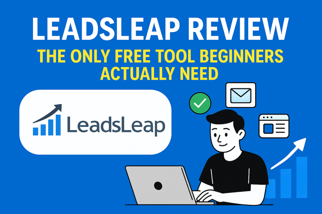 Header image for a LeadsLeap review showing marketing graphics, email icons, and a laptop on a blue background.