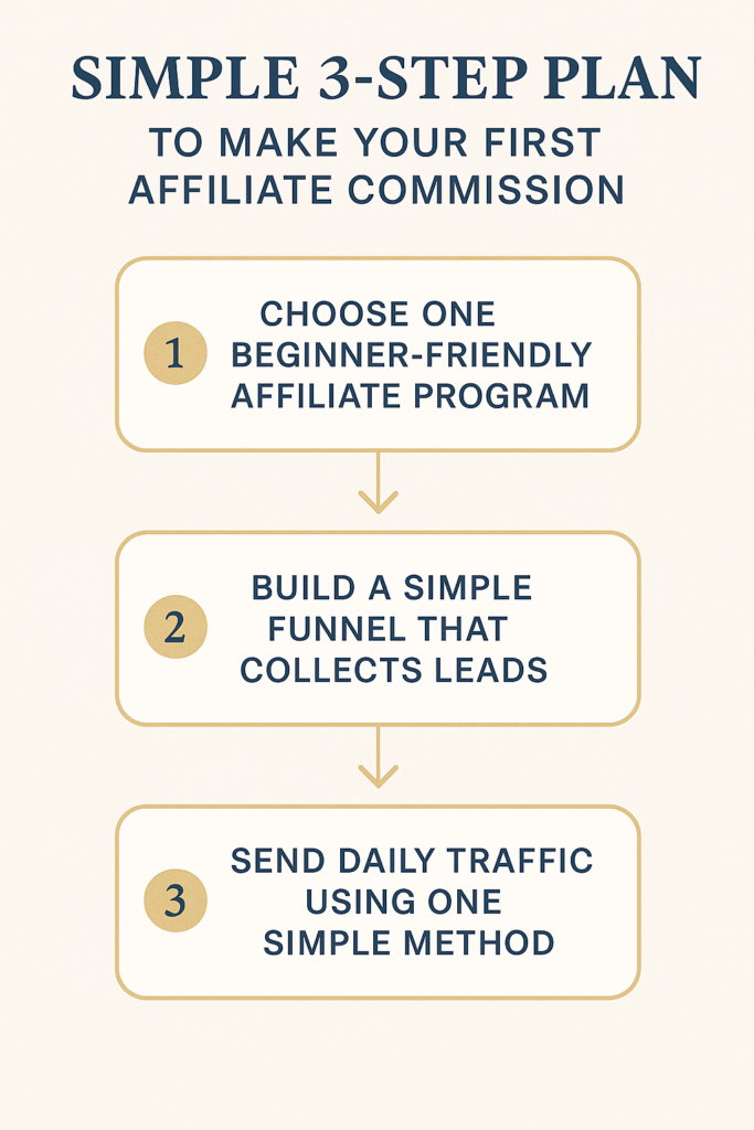 Vertical 3‑step affiliate marketing roadmap showing choose a program, build a funnel, and send daily traffic.

