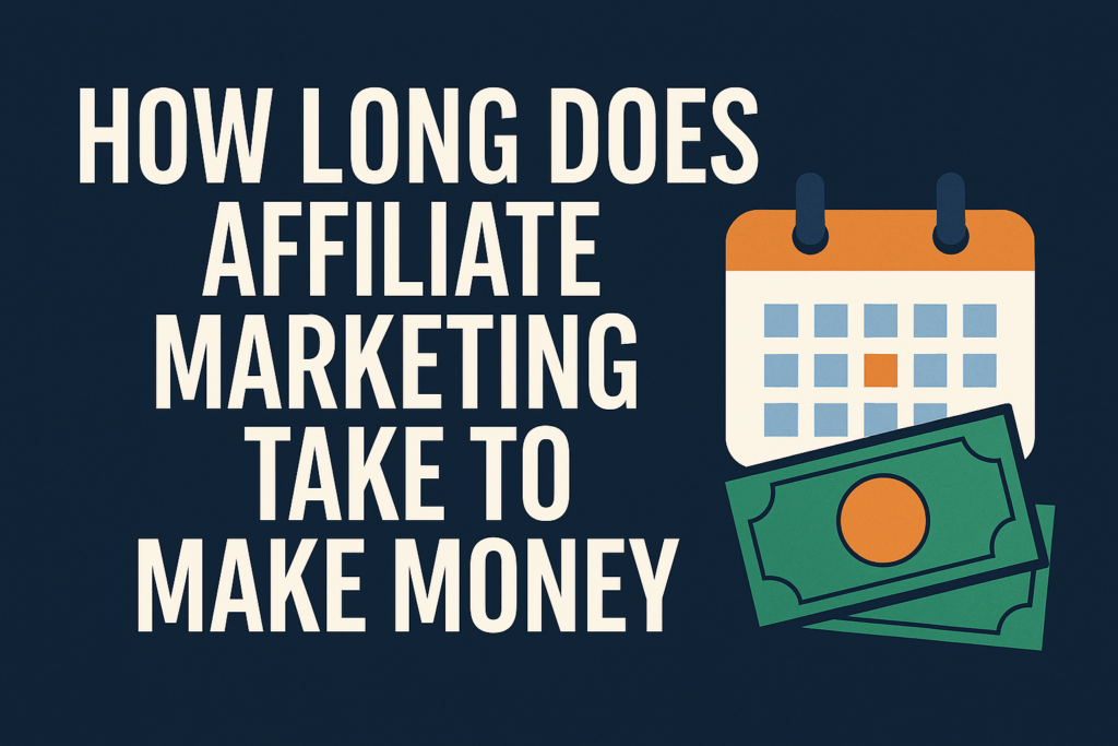 Header image for article titled ‘How Long Does Affiliate Marketing Take to Make Money’ featuring bold white text on dark blue background with calendar and money icons.