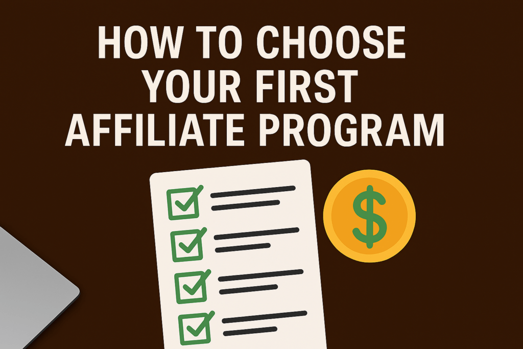 Checklist and dollar icon on dark background with bold headline 'How to Choose Your First Affiliate Program' — visual theme for beginner affiliate marketing guide.  