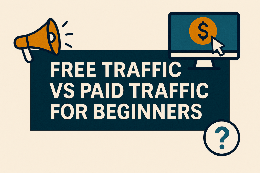 Free Traffic vs Paid Traffic for Beginners” title banner with icons representing organic traffic and paid ads, designed for a beginner affiliate marketing blog.