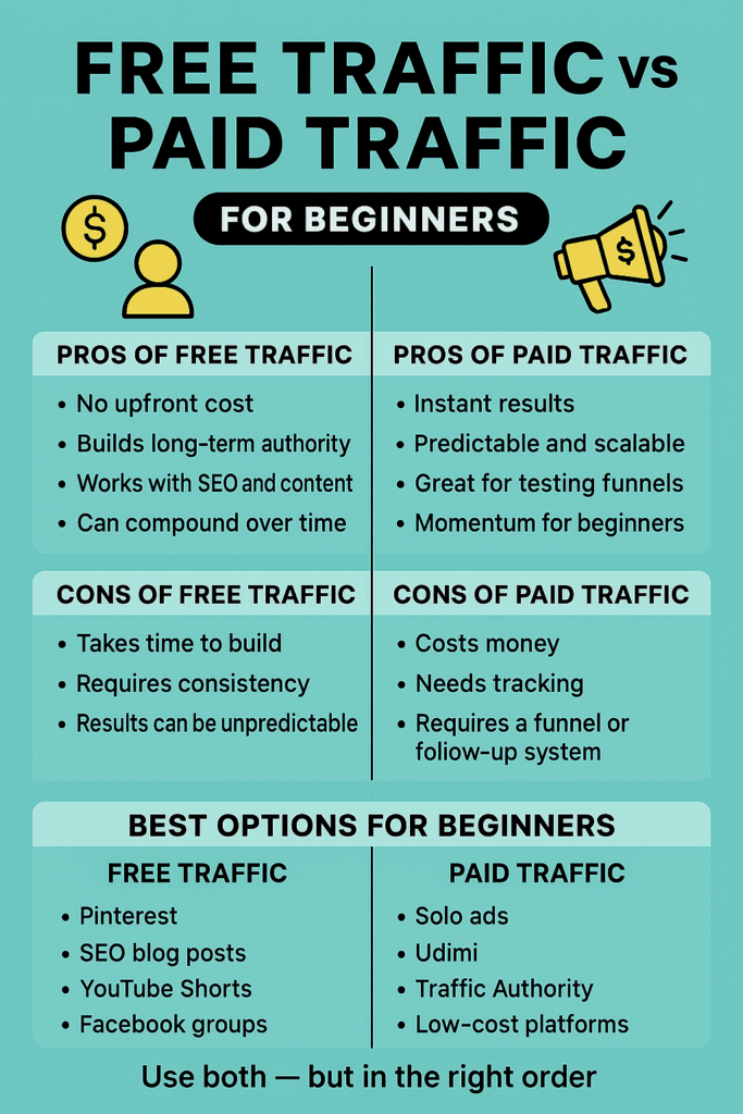Infographic comparing free traffic and paid traffic for affiliate marketing beginners, showing pros, cons, and best beginner options side‑by‑side.