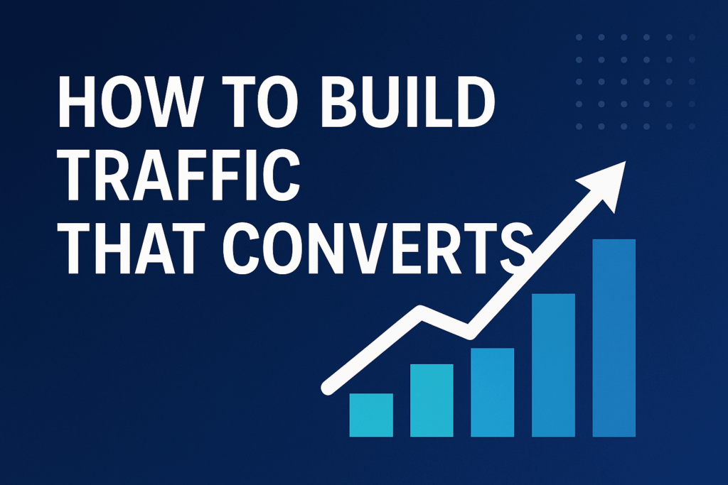 “Header image for ‘How to Build Traffic That Converts’ showing bold white title text and an upward-trending bar chart with arrow, symbolizing growth and conversion.”