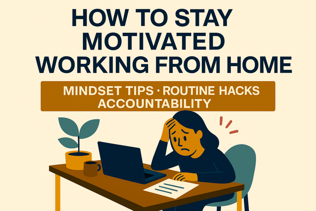 “Flat-style header image with bold navy text reading ‘How to Stay Motivated Working From Home.’ Below the title, a mustard banner lists ‘Mindset Tips · Routine Hacks · Accountability.’ Illustration shows a frustrated woman at a desk with a laptop, coffee mug, and plant on a beige background.”