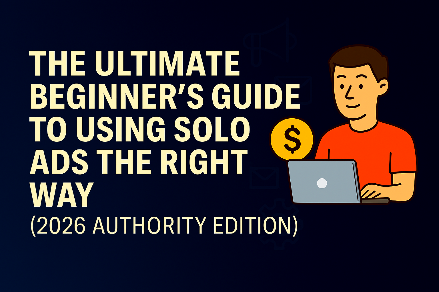 Header image titled The Ultimate Beginner’s Guide to Using Solo Ads the Right Way (2026 Authority Edition), showing a man using a laptop with envelope and megaphone icons on a dark blue background.
