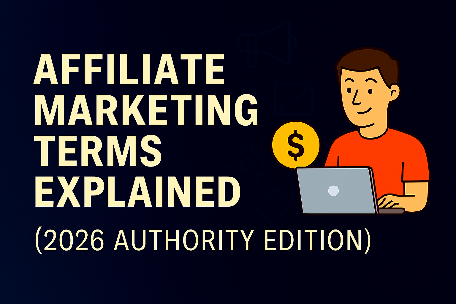 Header image titled Affiliate Marketing Terms Explained, showing a man using a laptop with a dollar sign icon, megaphone outline, and price tag symbol on a dark blue background.