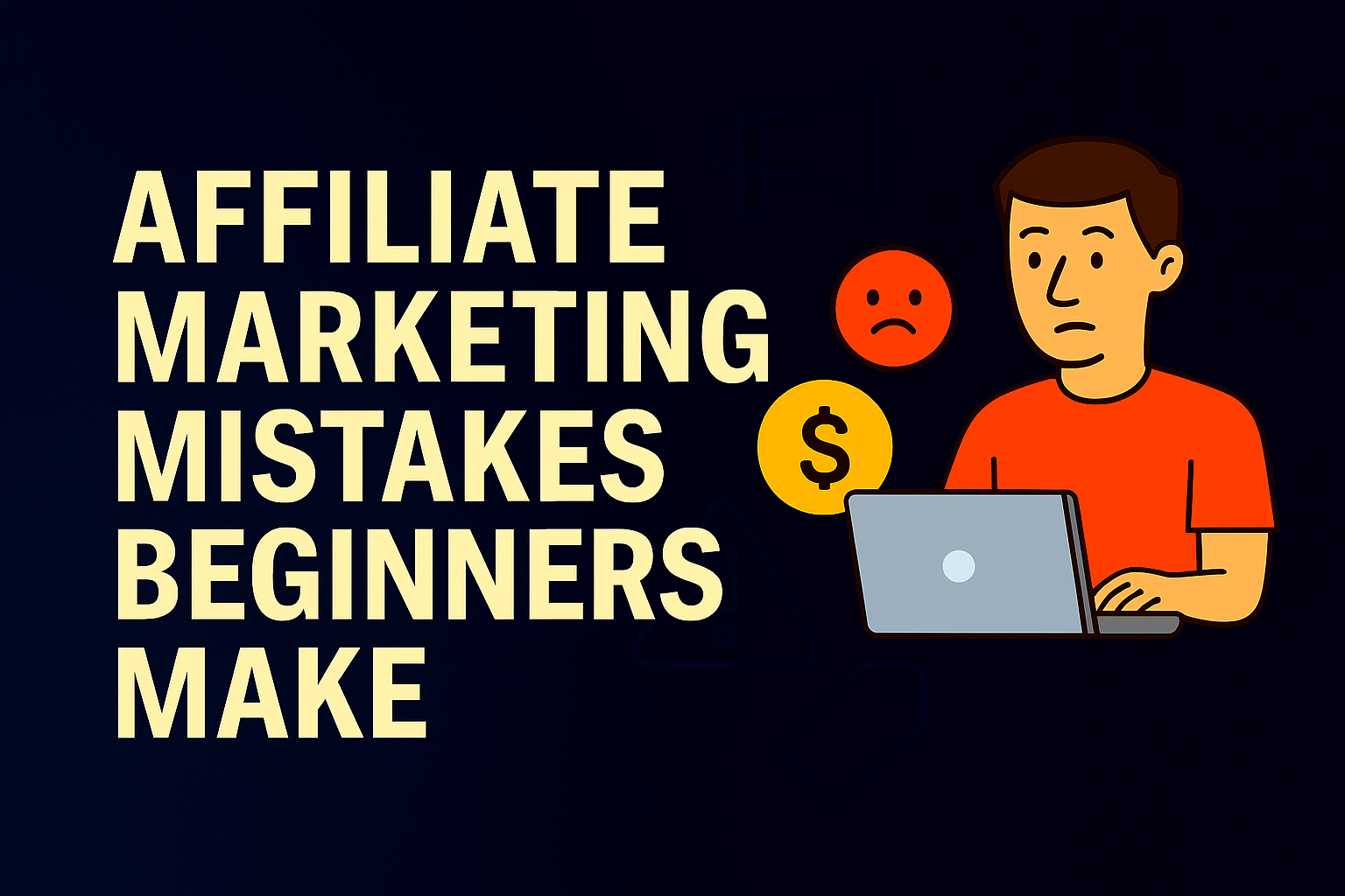 Header image titled Affiliate Marketing Mistakes Beginners Make, showing a man using a laptop with a dollar sign icon, warning symbol, and sad face emoji on a dark blue background.