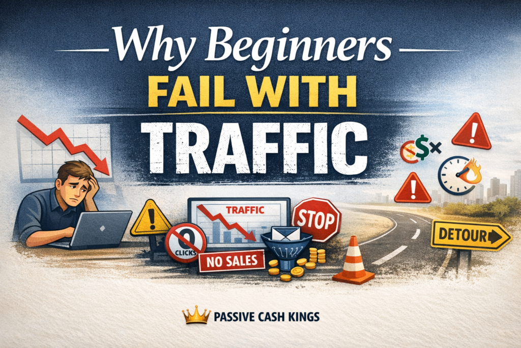 Frustrated beginner affiliate marketer sits at laptop as traffic charts and warning signs show declining clicks, no sales, and detour symbols, illustrating why beginners fail with traffic.