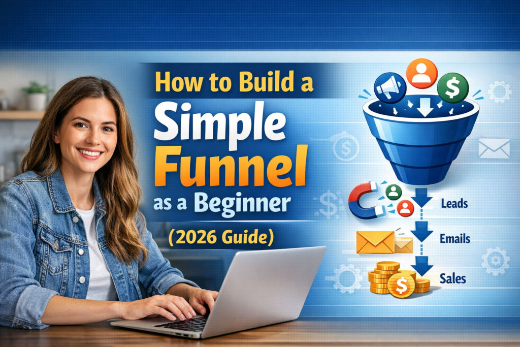 Smiling young woman using a laptop in a home office setting, with a colorful illustrated funnel showing leads, emails, and sales stages beside her; bold headline reads “How to Build a Simple Funnel as a Beginner (2026 Guide)” over a blue gradient background with digital icons.