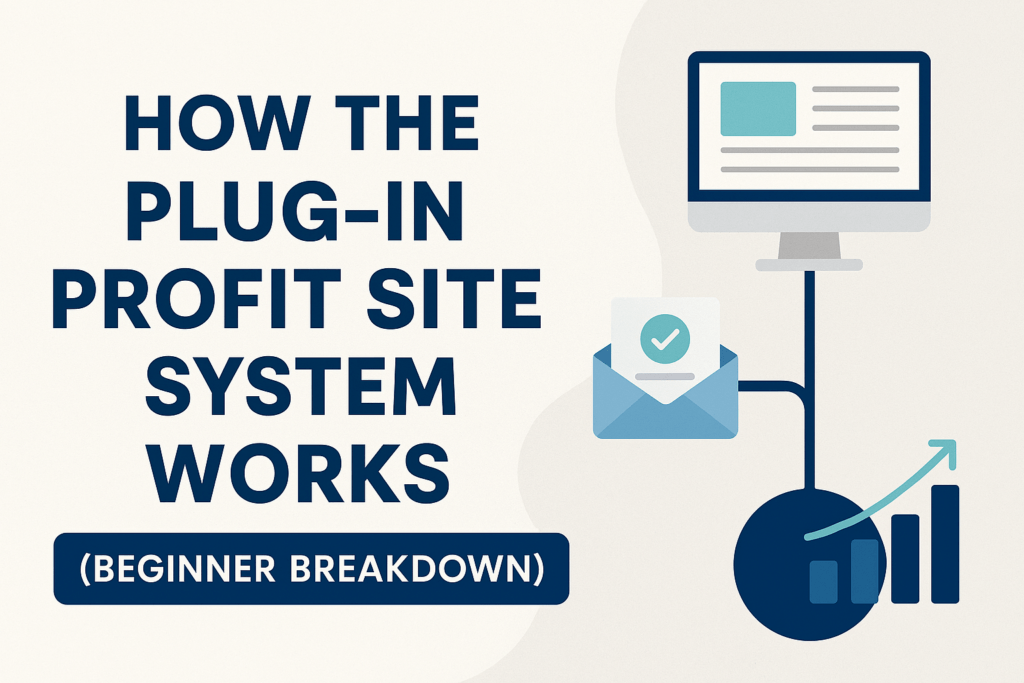 Header graphic showing the title ‘How the Plug‑In Profit Site System Works’ with icons representing a website, email automation, and a growth chart, illustrating how Wealthy Affiliate, LeadsLeap, and Traffic Authority connect inside the Plug‑In Profit Site system.