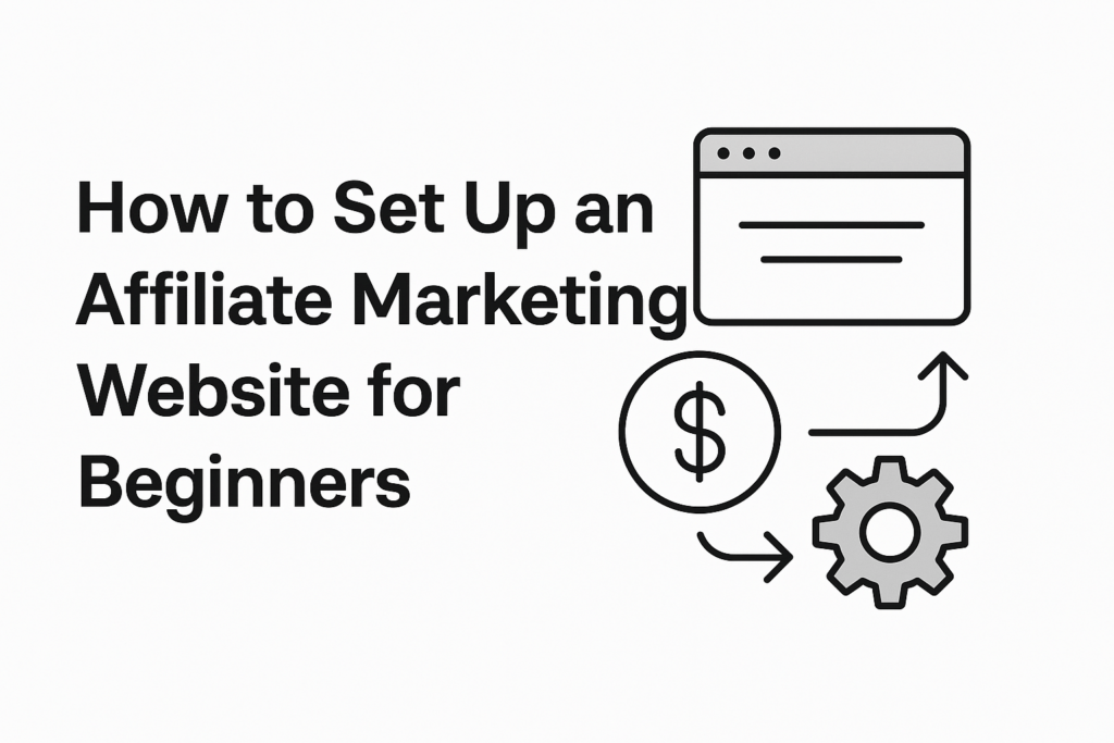 Clean blog header image with bold black text reading “How to Set Up an Affiliate Marketing Website for Beginners” on a white background. Icons of a browser window, dollar sign, and gear represent website setup, monetization, and automation.