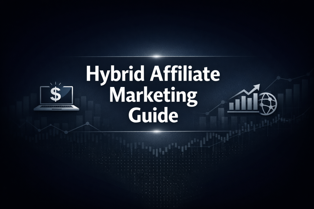 “Dark header image with bold white text reading ‘Hybrid Affiliate Marketing Guide’, flanked by icons of a laptop with a dollar sign, a rising bar chart, and a globe network symbol — set against a subtle city skyline and upward line graph.”