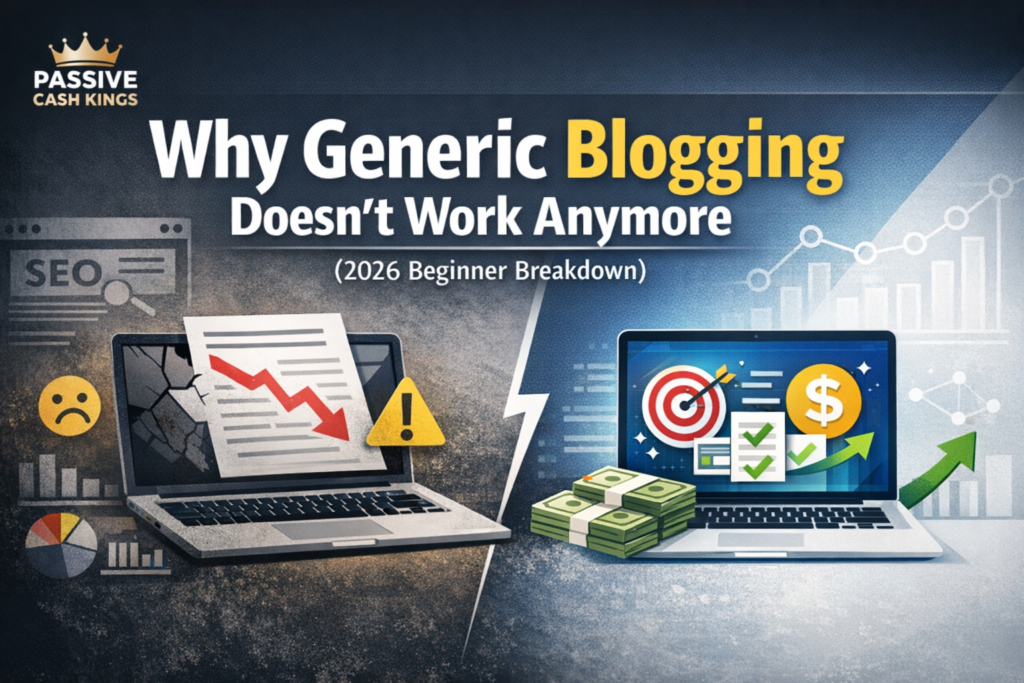 “Header image showing a split comparison between outdated generic blogging and modern system‑driven affiliate marketing, with Passive Cash Kings branding and the title ‘Why Generic Blogging Doesn’t Work Anymore (2026 Beginner Breakdown).’”
