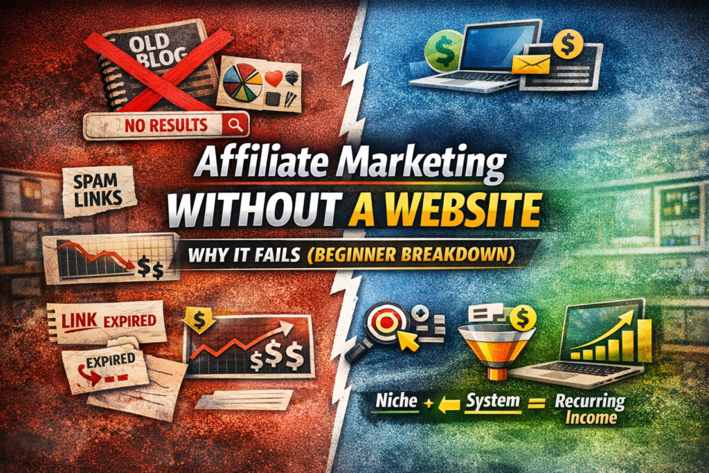 “Split-screen blog header image showing why affiliate marketing without a website fails, with red icons for spam links, expired redirects, and no results on the left, and green icons for niche, system, and recurring income on the right — bold headline reads ‘Affiliate Marketing Without a Website: Why It Fails (Beginner Breakdown)’.”