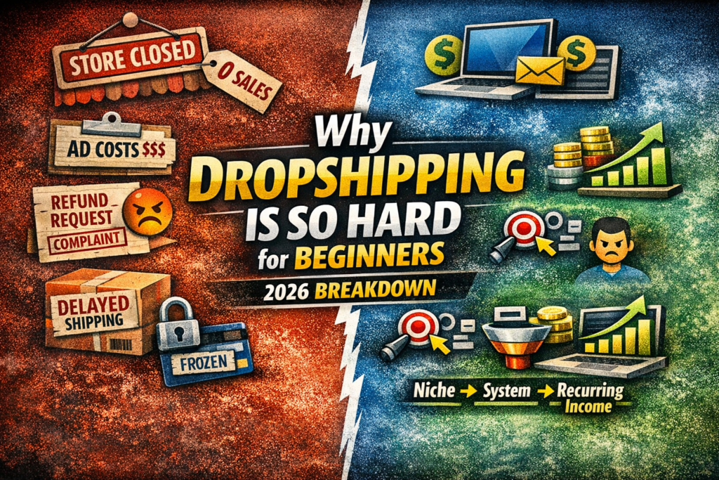 “Split-screen blog header image showing why dropshipping is hard for beginners, with red icons for ad costs, refund requests, delayed shipping, and frozen payment accounts on the left, and green icons for affiliate marketing success including niche targeting, system structure, and recurring income on the right — bold headline reads ‘Why Dropshipping Is So Hard for Beginners: 2026 Breakdown.’”