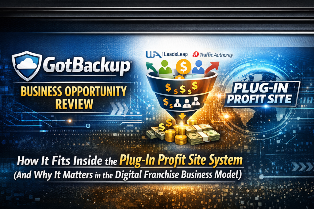 “Header image for GotBackup Business Opportunity Review showing GotBackup logo, Plug‑In Profit Site funnel, and digital franchise icons representing recurring income and hybrid affiliate marketing structure.”