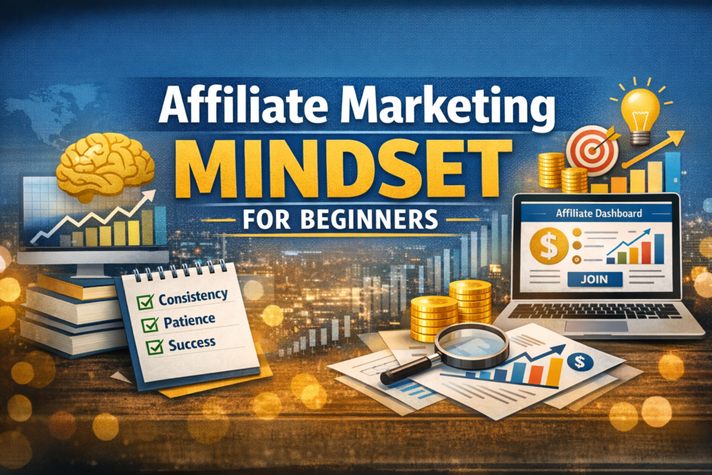 Header image for ‘Affiliate Marketing Mindset for Beginners’ featuring bold title text, a golden brain icon, affiliate dashboard with dollar sign and charts, checklist with consistency and success, and upward-trending financial graphics on a blue background.
