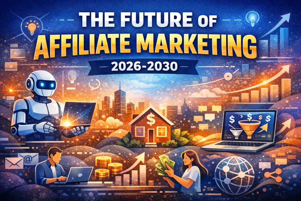 Futuristic digital illustration showing AI tools, email funnels, and short-form content driving affiliate marketing growth from 2026 to 2030, with bold title text and icons representing hybrid strategies and digital franchise systems.

