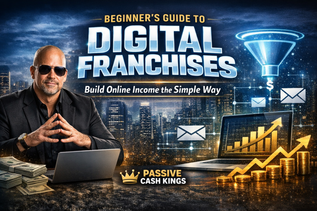 Confident man in black suit using laptop, with glowing text ‘Beginner’s Guide to Digital Franchises’ and digital funnel, email, and income icons over a cityscape background — Passive Cash Kings branding below.