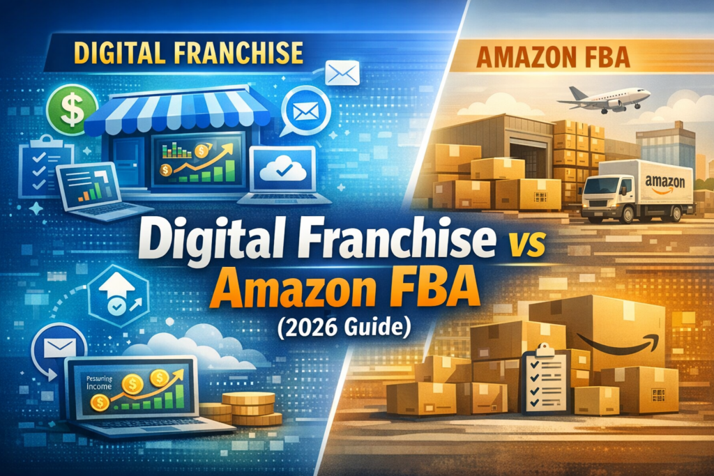 Split-screen blog header showing a digital storefront labeled “Digital Franchise” with passive income icons on the left, and an Amazon warehouse labeled “Amazon FBA” with boxes and delivery truck on the right; bold title reads “Digital Franchise vs Amazon FBA (2026 Guide)” over a blue-orange gradient background.