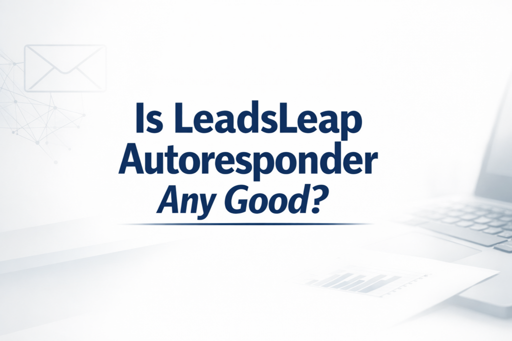 “Blog header image with the title ‘Is LeadsLeap Autoresponder Any Good?’ in bold navy text centered on a clean white background, featuring subtle email and automation icons and a faint laptop graphic to suggest digital marketing and autoresponder tools.”