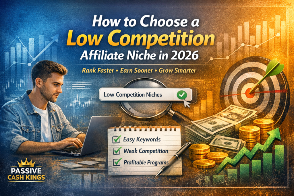 “Blog header image for ‘How to Choose a Low Competition Affiliate Niche in 2026’ featuring a focused young man using a laptop, a magnifying glass over a search bar labeled ‘Low Competition Niches,’ a dartboard with money and coins, and a checklist with green checkmarks for easy keywords, weak competition, and profitable programs. Includes Passive Cash Kings branding and upward-trending graphs.”
