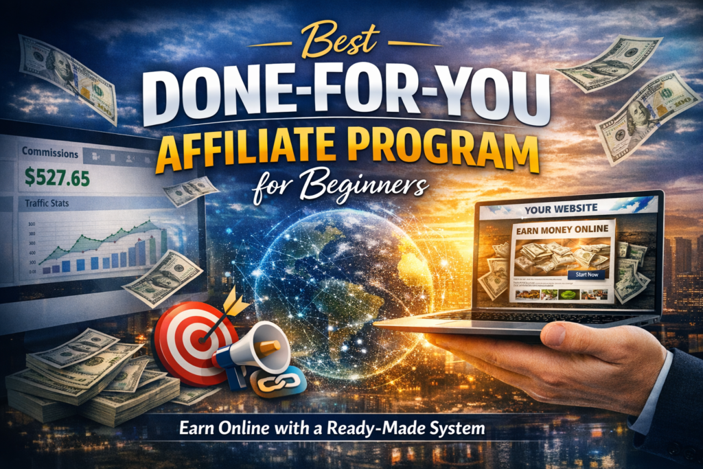 “Blog header graphic for ‘Best Done‑For‑You Affiliate Program for Beginners’ showing a digital business dashboard, floating dollar bills, and a hand holding a ready‑made affiliate website. Includes bold title text and tagline ‘Earn Online with a Ready‑Made System’ on a dark blue banner.”