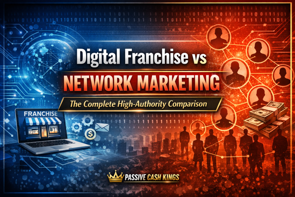 Header image for “Digital Franchise vs Network Marketing: The Complete High-Authority Comparison” showing a split background with digital franchise icons on the left (laptop, gear, email, dollar sign) and network marketing silhouettes with cash stacks on the right. Bold title text centered with Passive Cash Kings logo at the bottom.