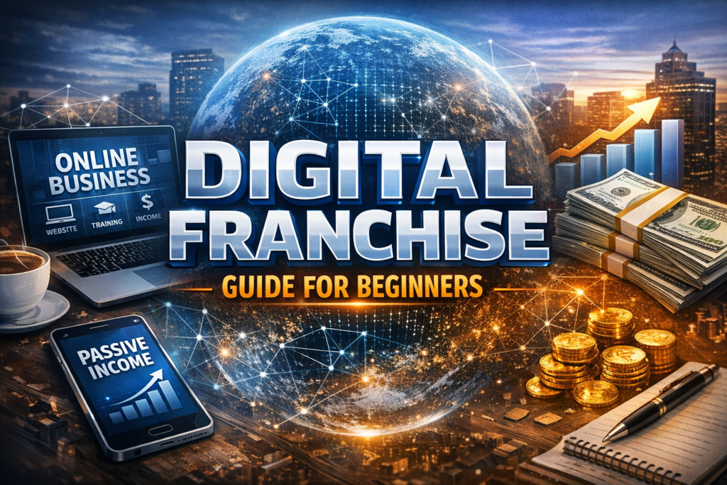 “Digital Franchise Guide for Beginners” blog header image featuring bold 3D title text, a glowing digital globe, a laptop labeled “Online Business,” a smartphone labeled “Passive Income,” stacked dollar bills, gold coins, and an upward bar graph — visually representing beginner‑friendly online business tools and income systems.