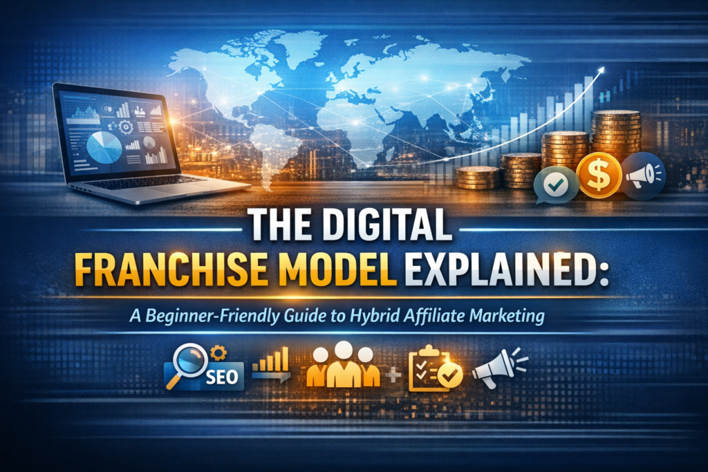 Header image for “The Digital Franchise Model Explained: A Beginner‑Friendly Guide to Hybrid Affiliate Marketing,” featuring a digital cityscape, laptop with charts, rising bar graph, and icons representing SEO, affiliate income, and online business systems.

